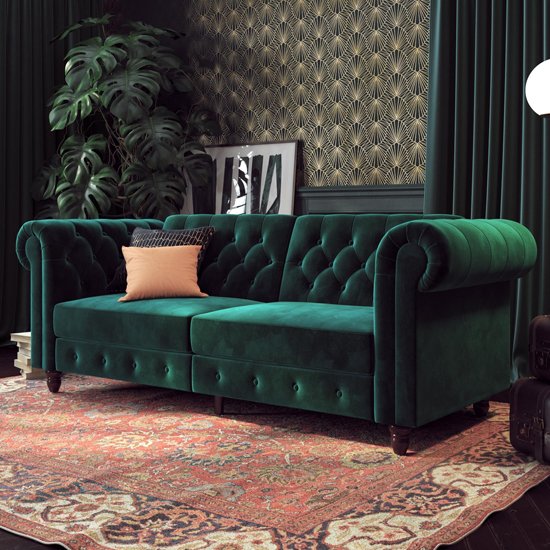 Felix Chesterfield Velvet Upholstered Sofa Bed In Green