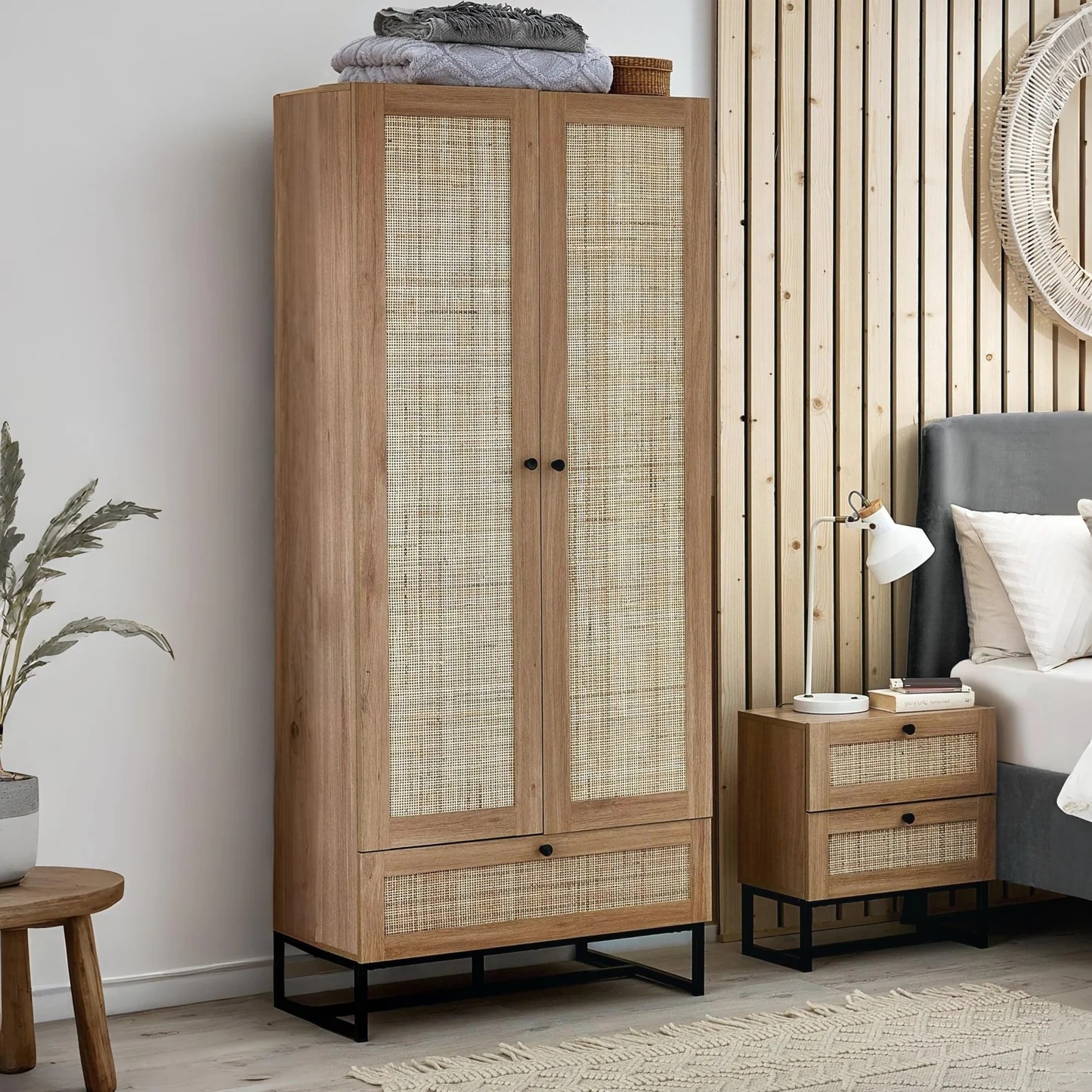 Padstow - Combination Wardrobe - Oak - Wooden/Rattan - Happy Beds