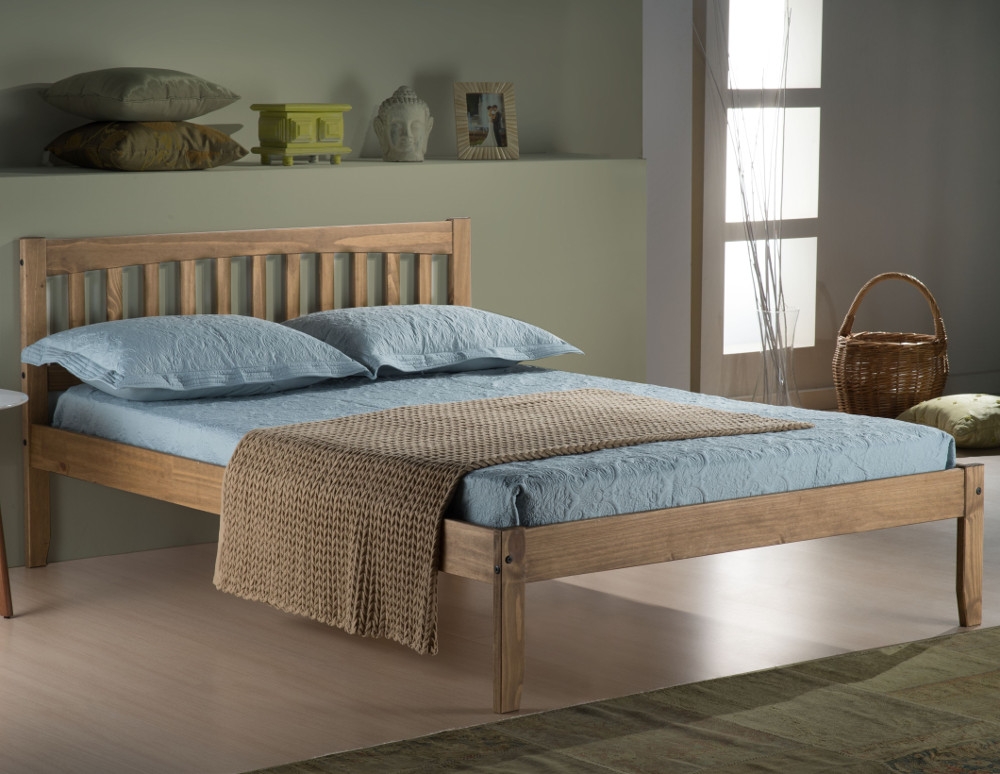 Porto Waxed Rustic Pine Finish Wooden Bed Frame - 4ft6 Double