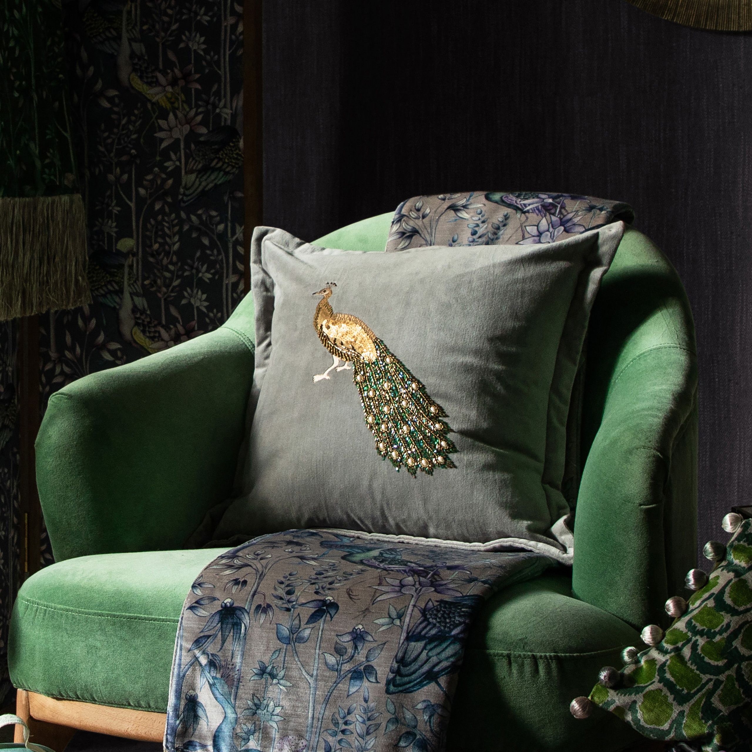 Voyage Maison Mayura Peacock Embellished Velvet Cushion in Charcoal