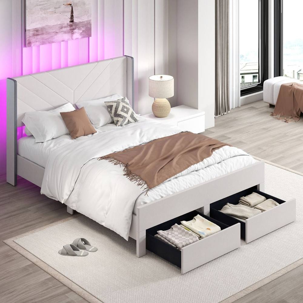 Costway King Size Bed Frame w/LED Lights Dutch Velvet Upholstered Platform Bed in Beige