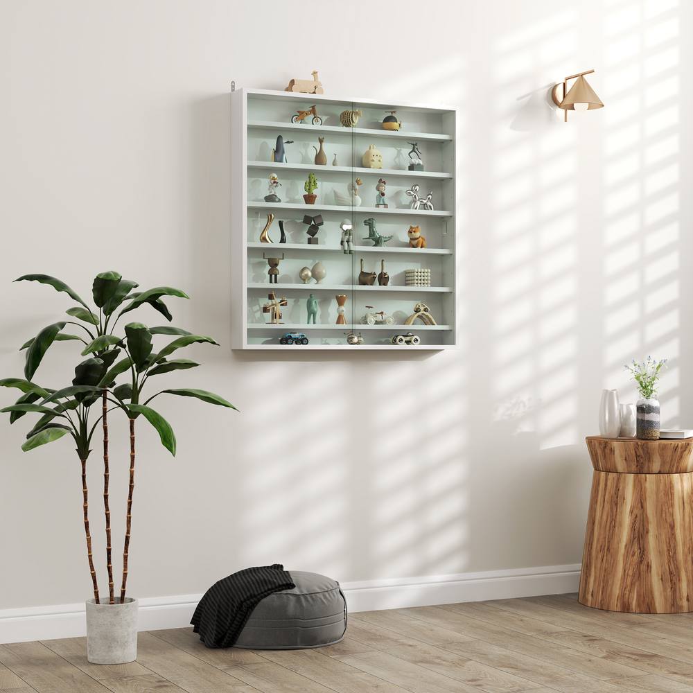HOMCOM 7-Tier Wall Display Cabinet w/ Adjustable Shelves Glass Doors in White