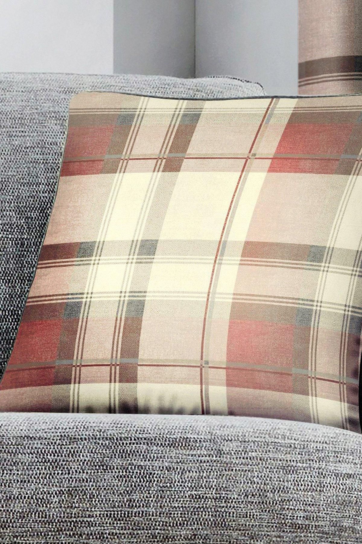 Fusion 'Balmoral Tartan' Warm Woven Check 100% Cotton Filled Cushion in Rose