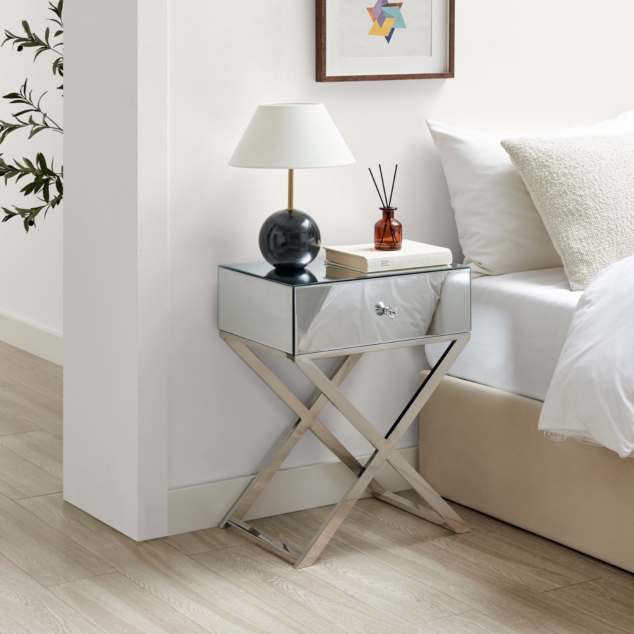 FurnitureboxUK Celeste Single Drawer Mirrored bedside Table With Silver Chrome Cross Legs