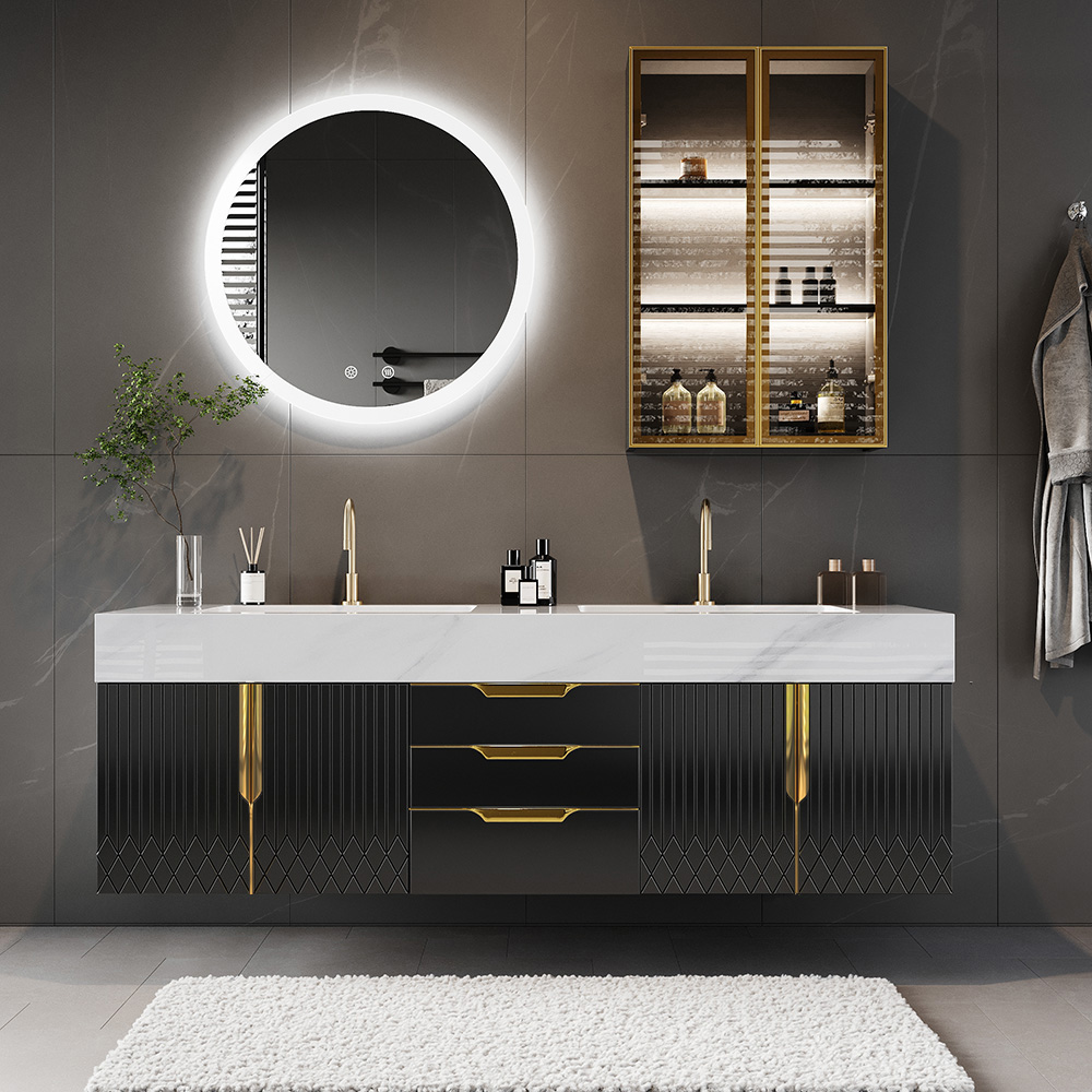 150 cm Bathroom Vanity Wall Mounted Cultured Marble Top with Double Sink Drawers Black
