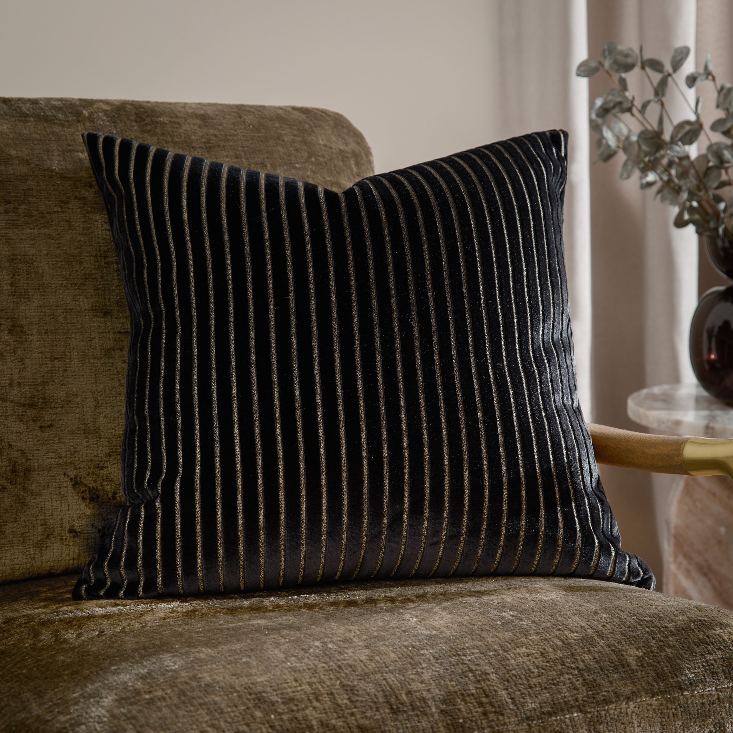 Paoletti Savoy Stripe Velvet Cushion in Black