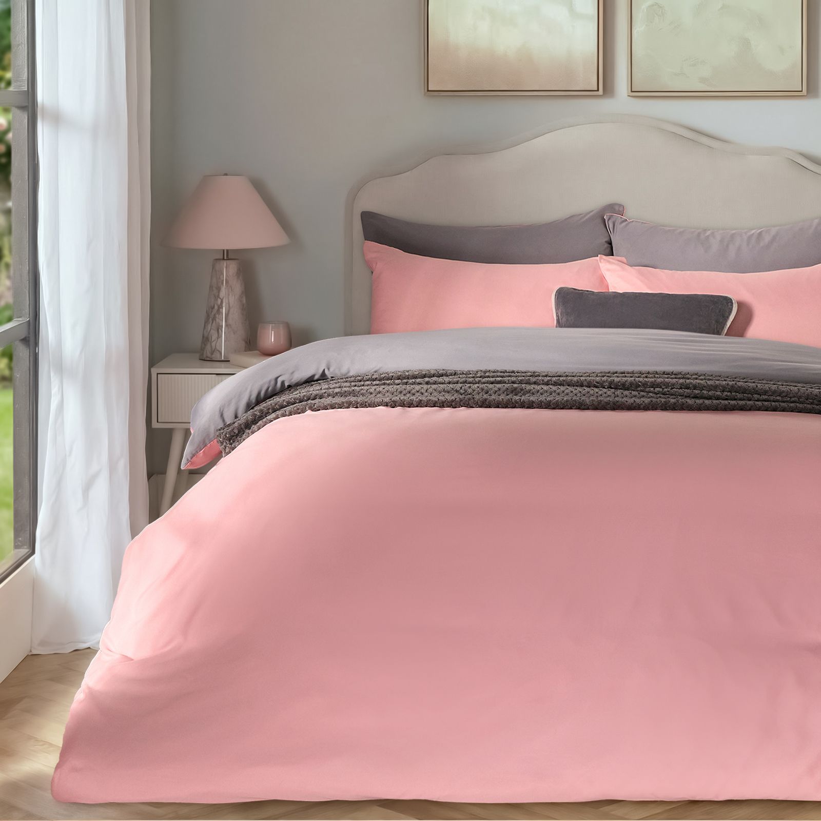 OHS Plain Dyed Reversible Duvet Cover Cover with Pillowcase Set in Light Pink