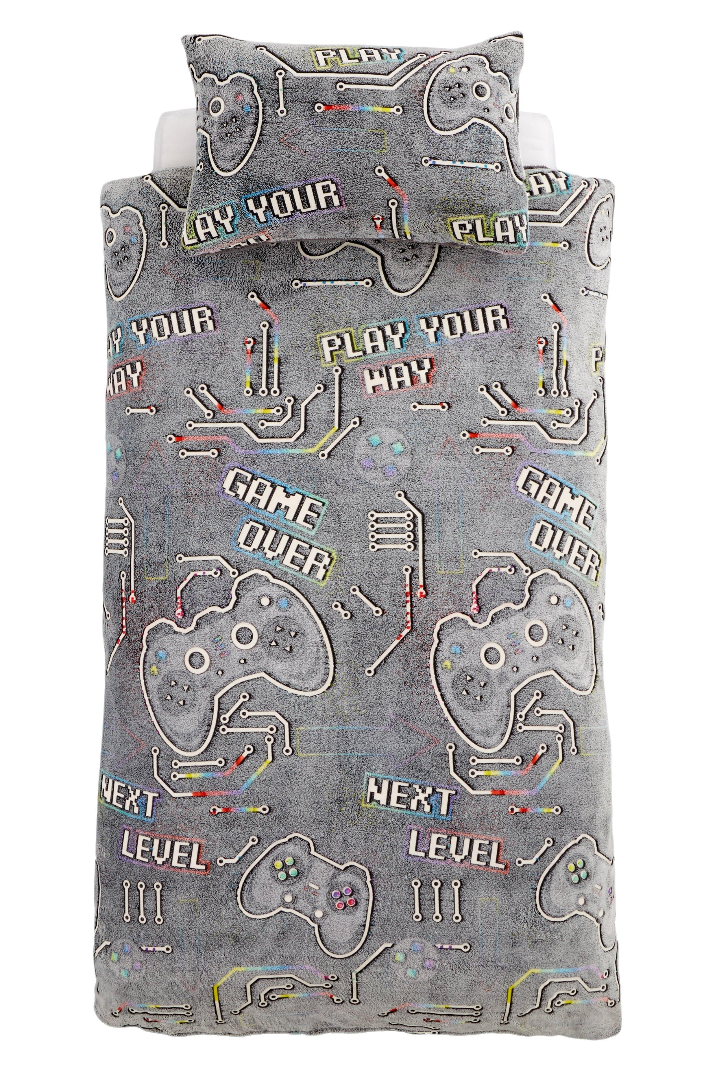 Catherine Lansfield 'Game Over' Glow in the Dark Fleece Duvet Cover Set in Black 6