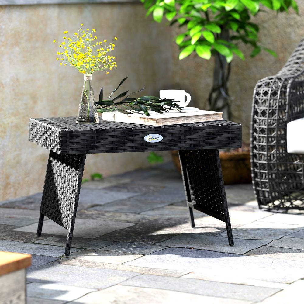 OUTSUNNY Foldable Outdoor Coffee Table, Steel Frame Rattan Side Table, Black