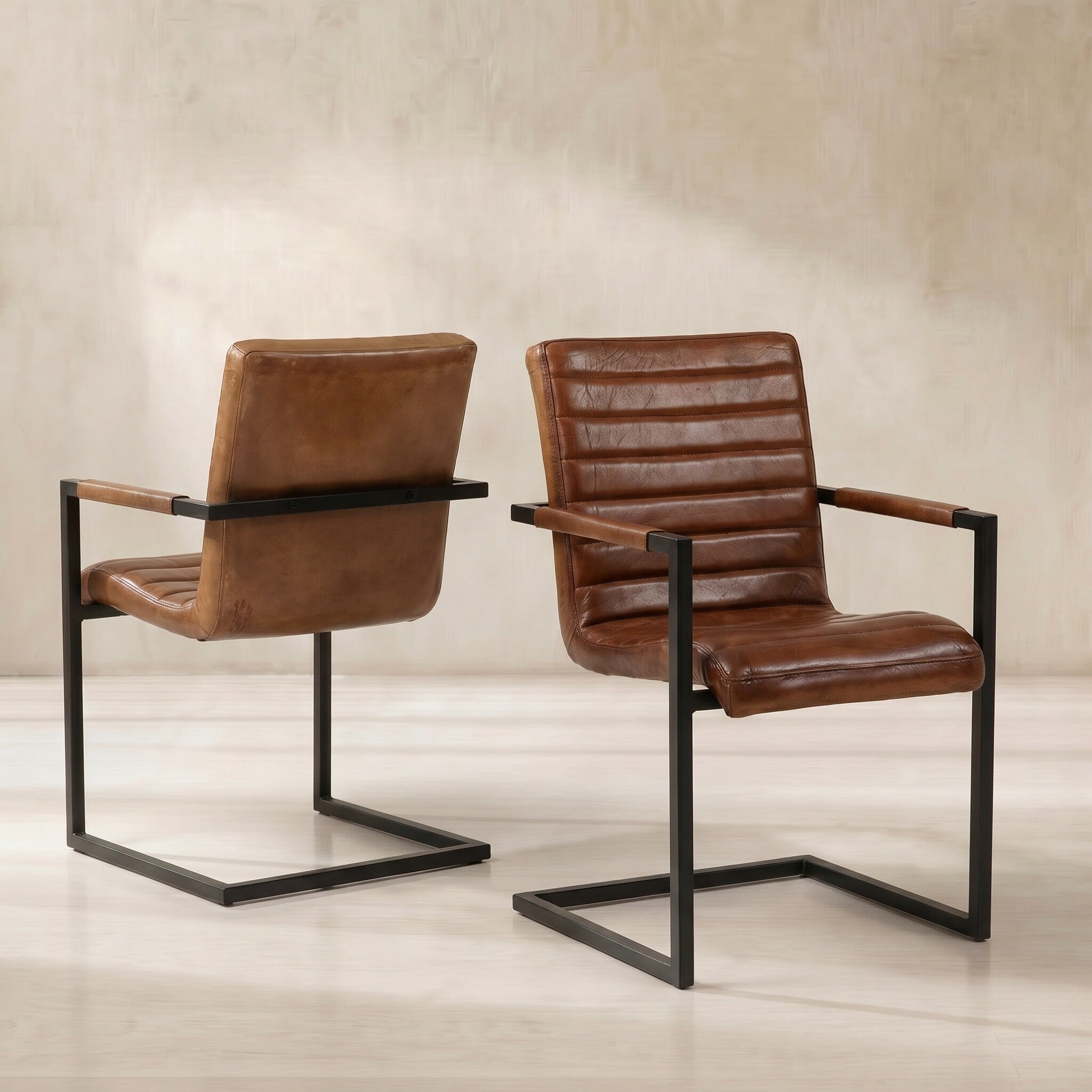 Pure Furniture Brutus Dining Chair with Arms, Brown Leather | Barker & Stonehouse