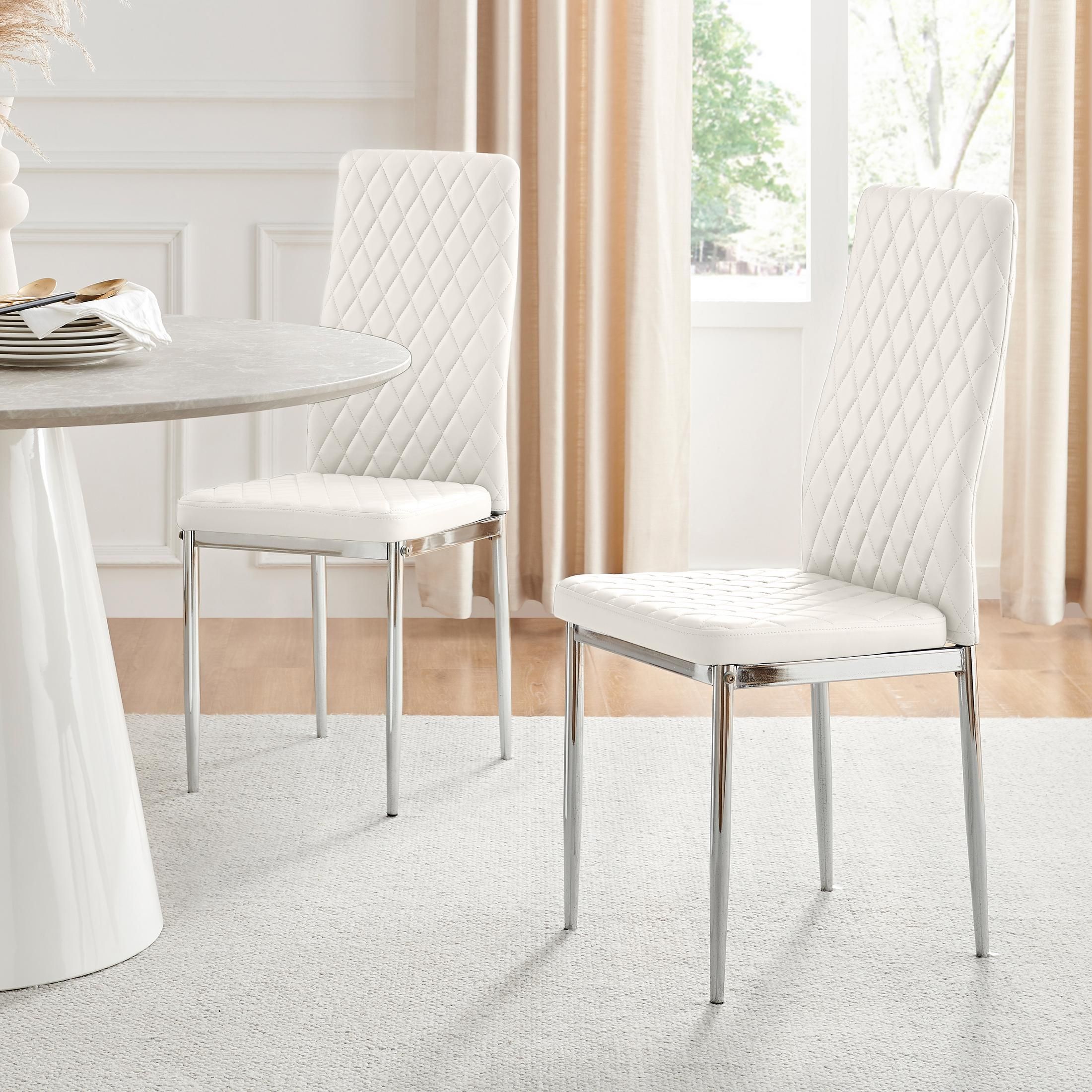FurnitureboxUK Set of 6 Milan High Back Soft Touch Diamond Pattern Faux Leather Dining Chairs With Silver Chrome Metal Legs in White