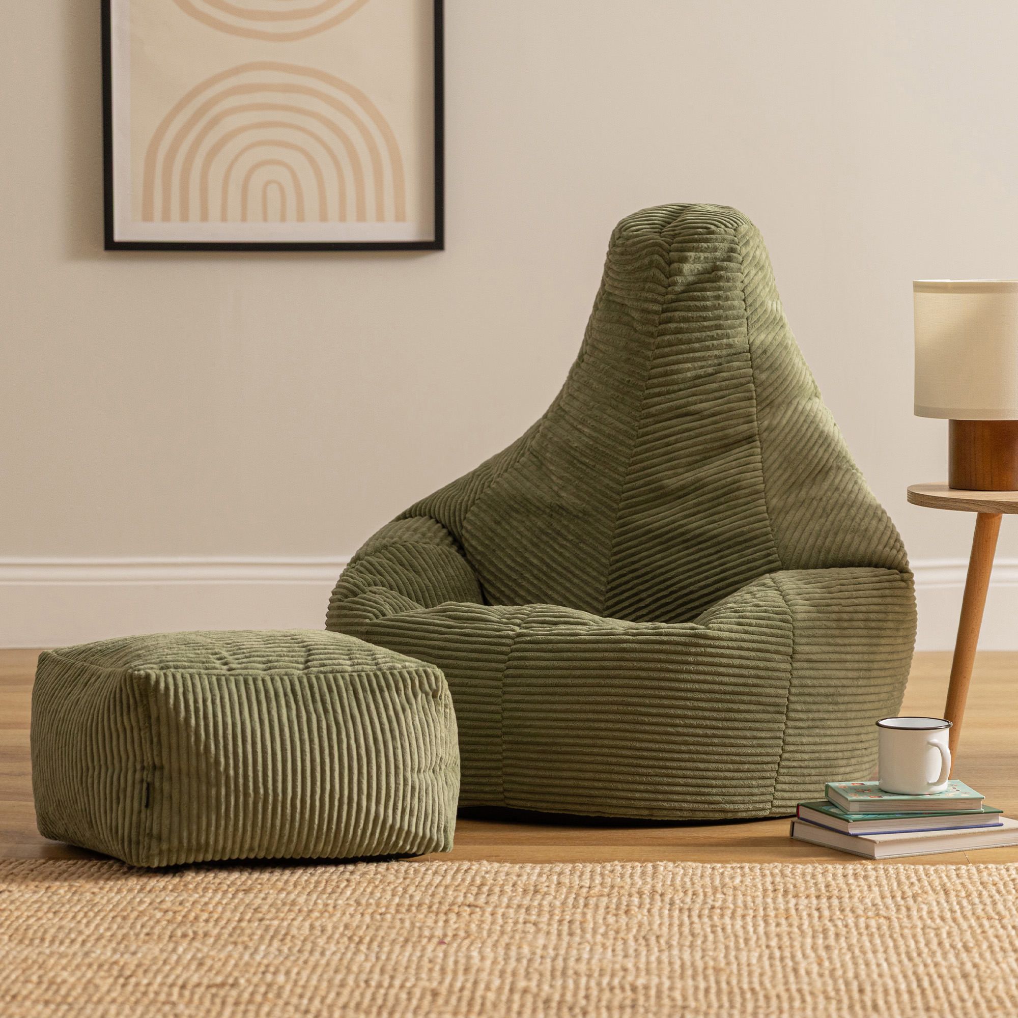 icon Gaming Bean Bag Recliner & Footstool, Corduroy in Green