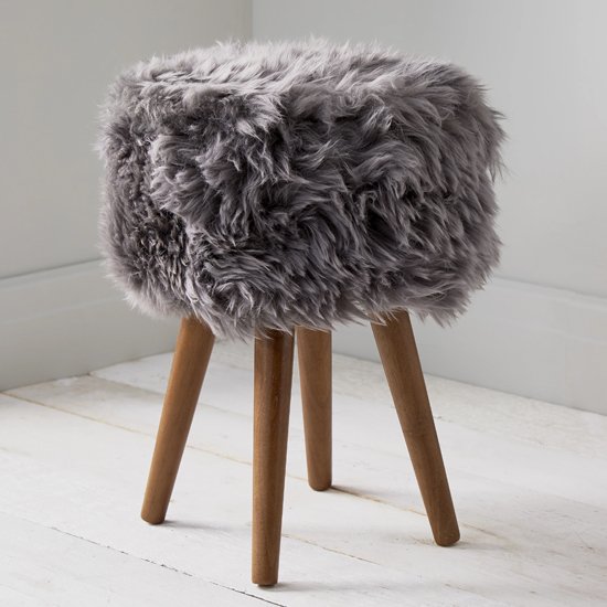 Bovril Sheepskin Stool In Grey With Solid Oak Legs