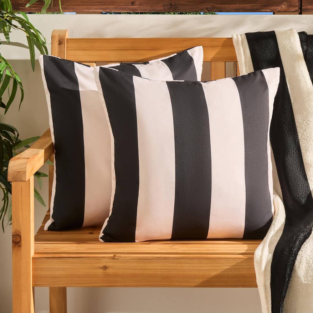 OHS 2 x Stripe Garden Cushion Covers Outdoor Water Resistant in Black