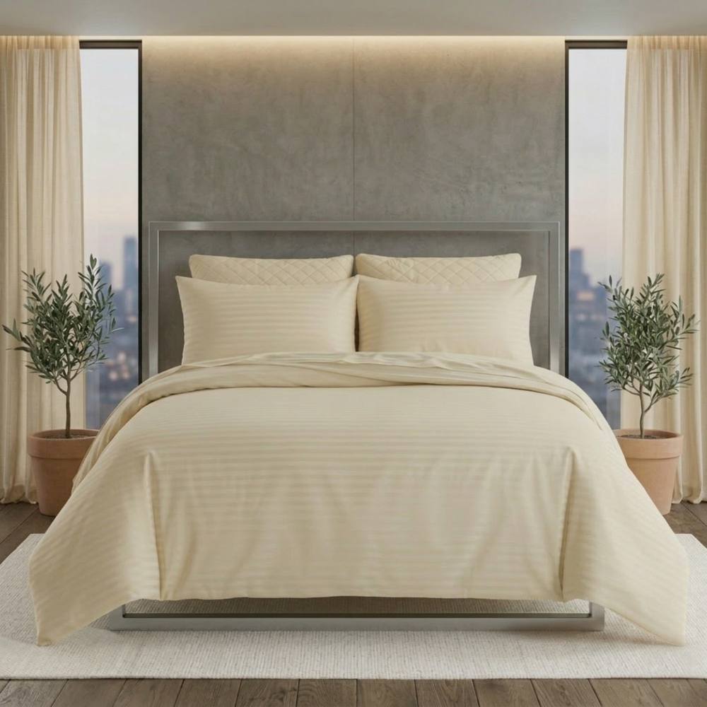 Snug City Luxury Satin Stripe Duvet Cover Set T250 Cotton Rich Soft Bed Linen in Cream