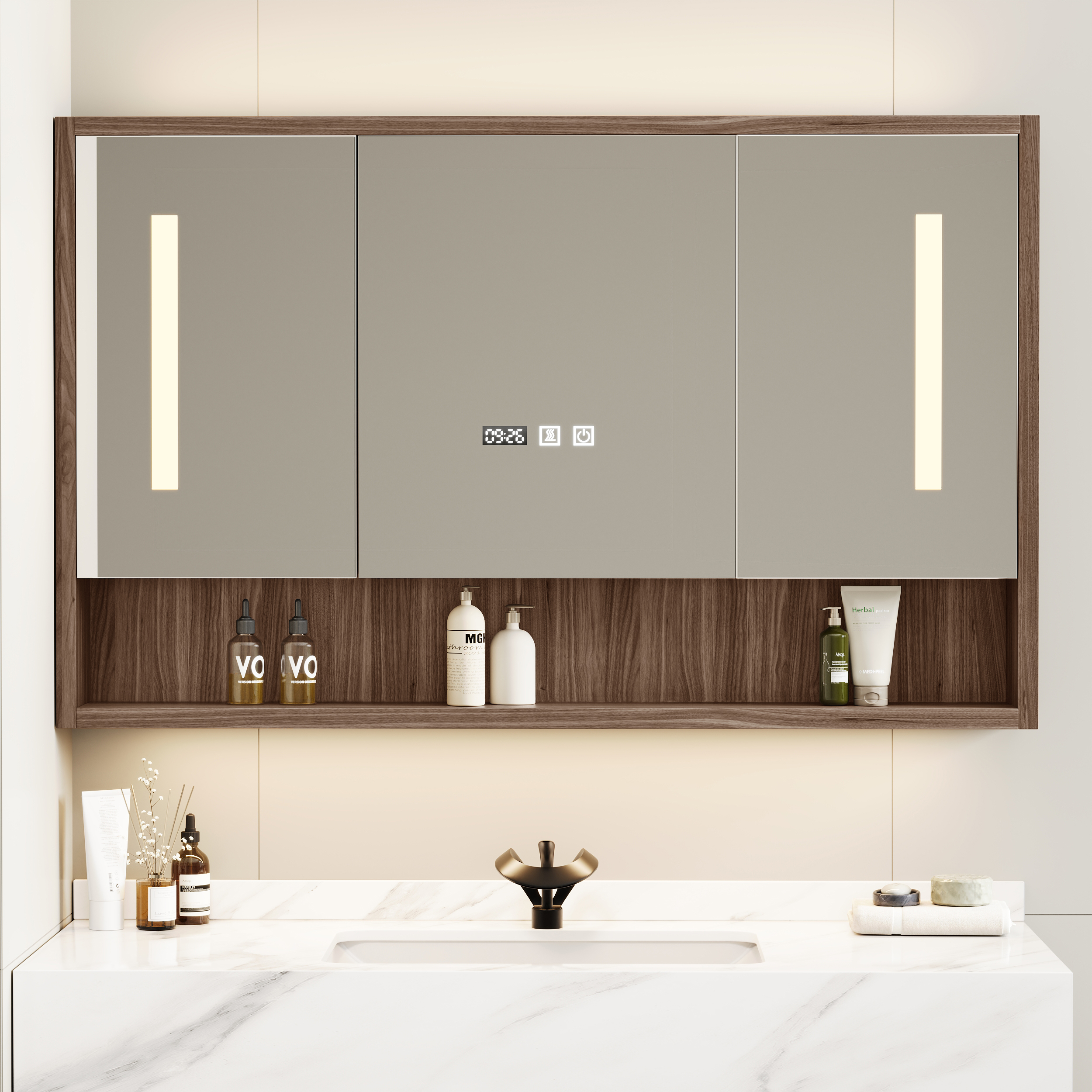 100 cm Walnut LED Medicine Cabinet with Adjustable Lighting, Demister and Digital Clock