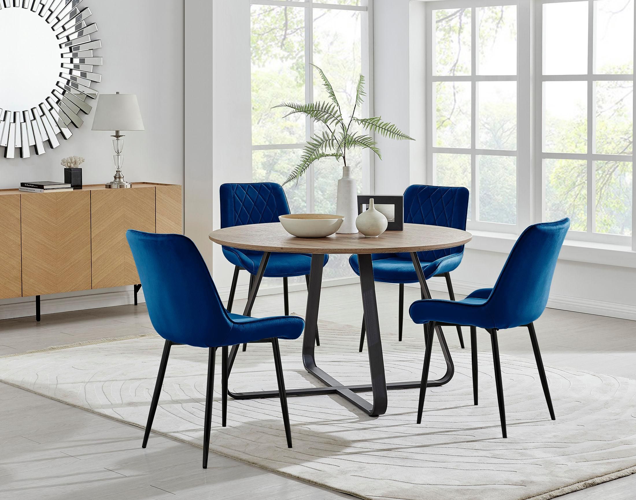 FurnitureboxUK Santorini Brown Round Dining Table & 4 Pesaro Black Leg Chairs in Navy