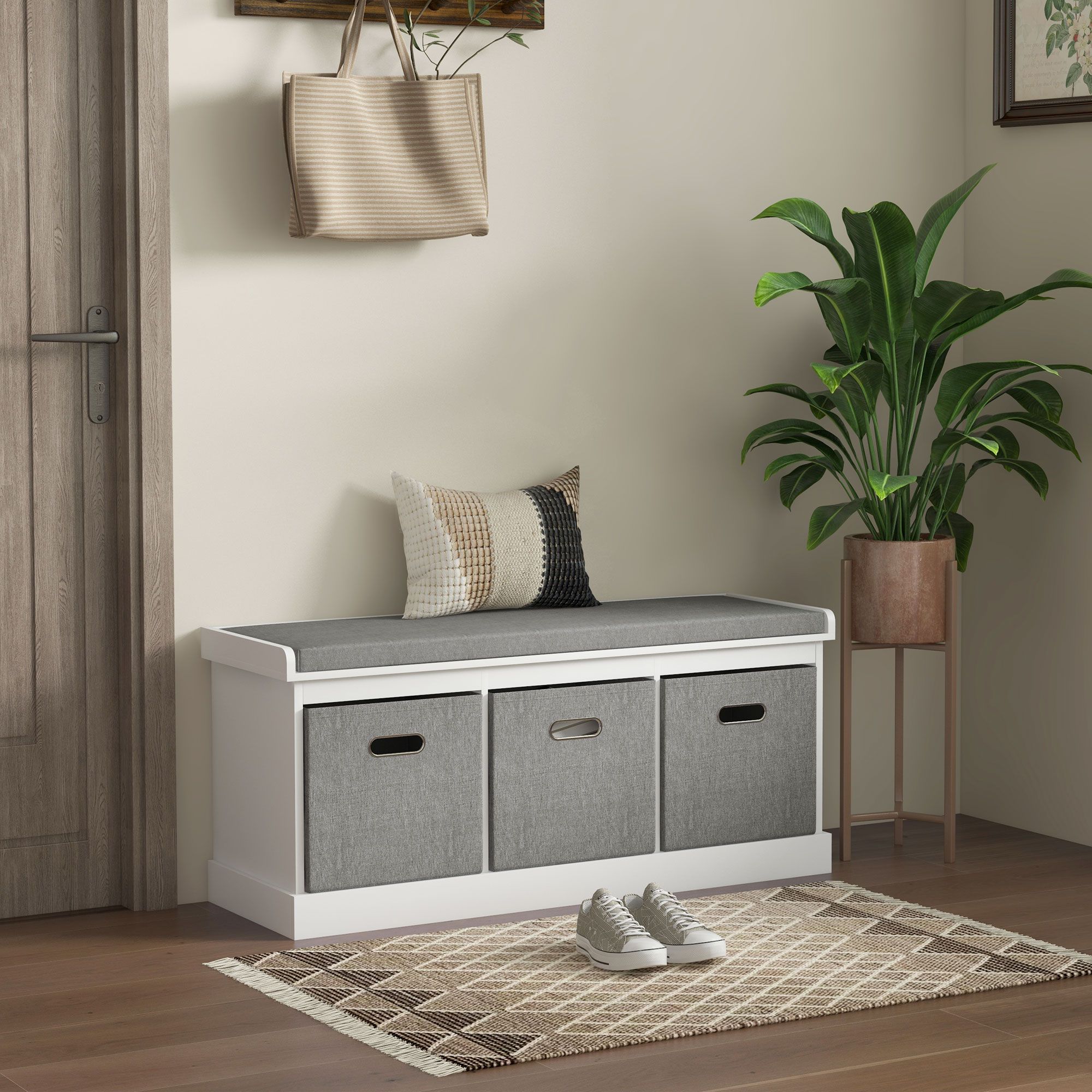 HOMCOM Shoe Bench with 3 Fabric Baskets, Shoe Storage Bench with Seat Cushion, Shoe Cabinet for Entryway, Hallway, Living Room, Bedroom in White