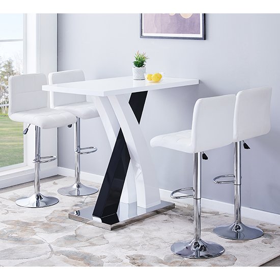 Axara Gloss Bar Table In White Black With 4 Coco White Stools