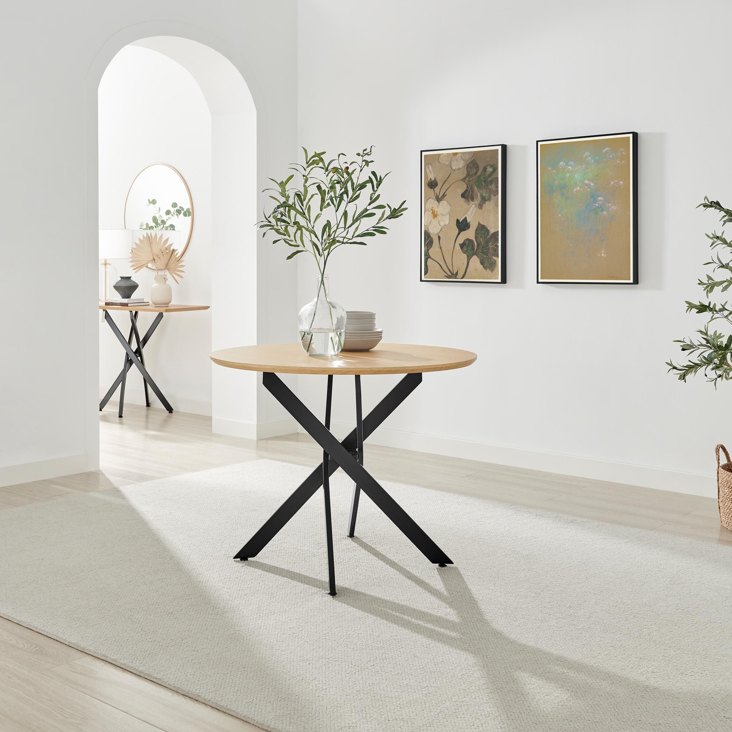FurnitureboxUK Novara Round Oak Veneer & Black Metal 4 Seater Dining Table in Light Brown