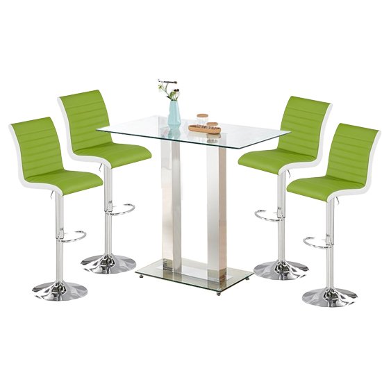 Jet Glass Bar Table With 4 White And Lime Ritz Stools