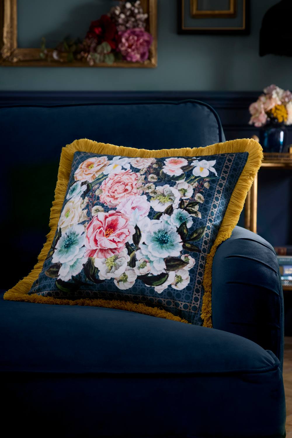 Laurence Llewelyn-Bowen 'Bouquet List' Velvet Filled Cushion in Navy