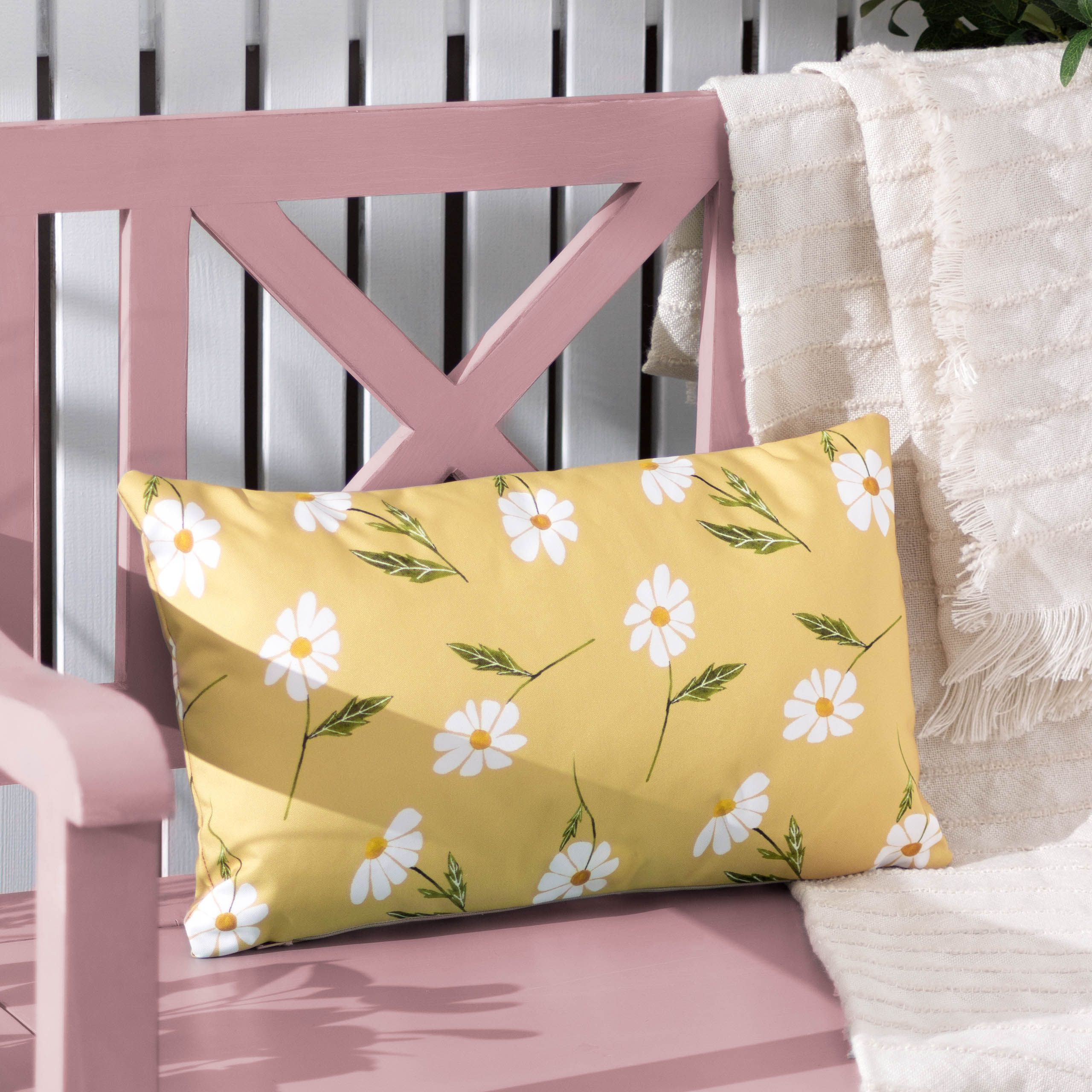 Wylder Daisies Floral Reversible Water & UV Resistant Outdoor Cushion in Yellow