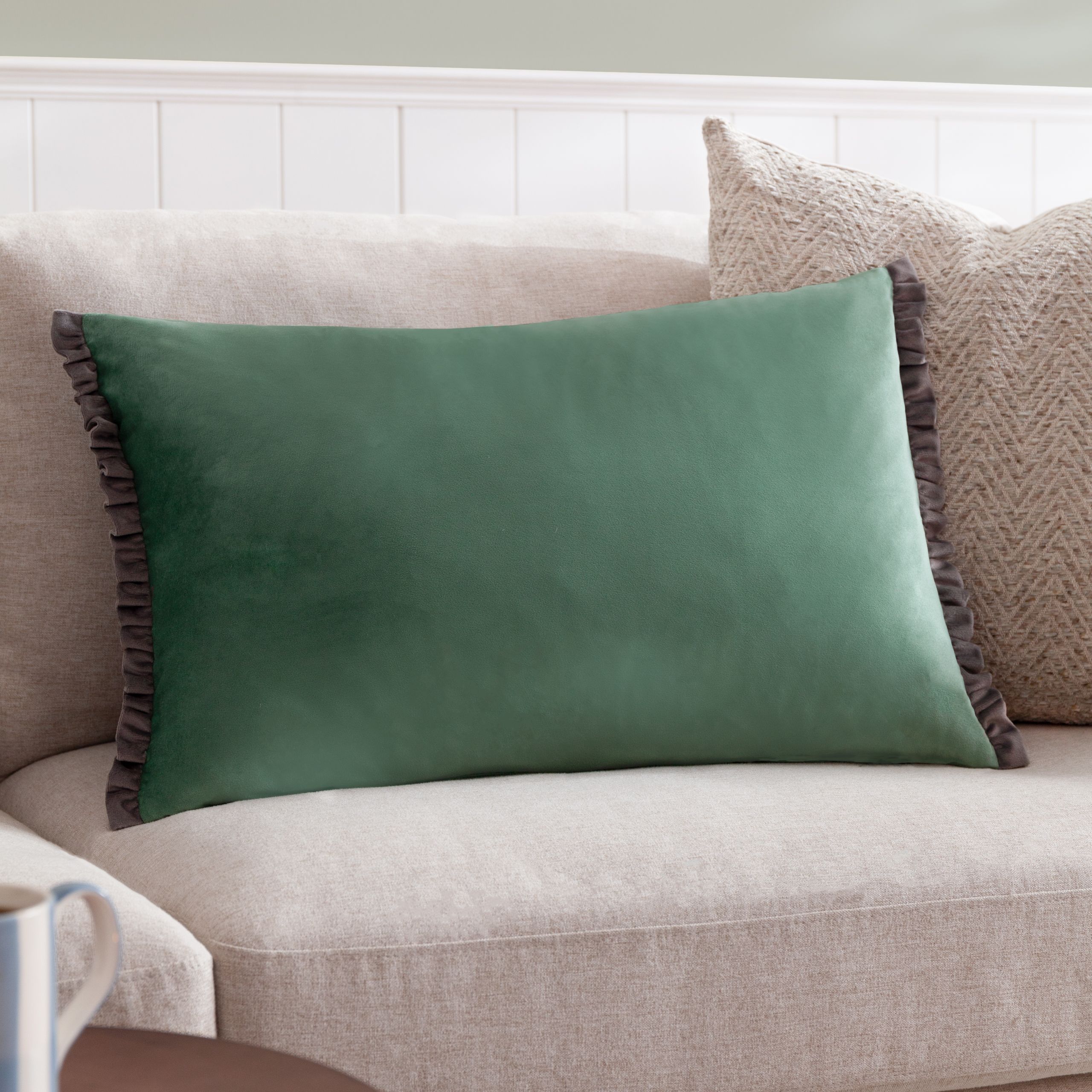 Wylder Tilly Velvet Frill Reversible Cushion in Light Green