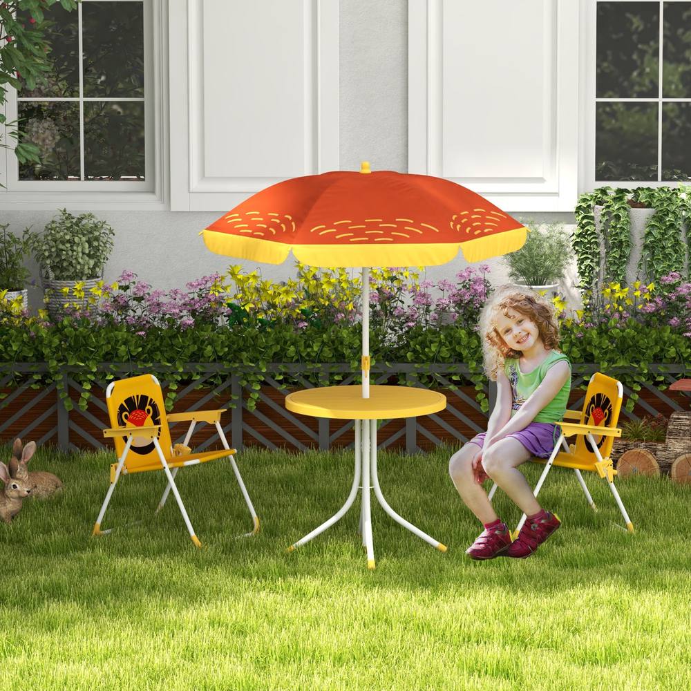 OUTSUNNY Children Table & Chair Set Outdoor Garden Furniture Set w/ Lion Theme - Yellow