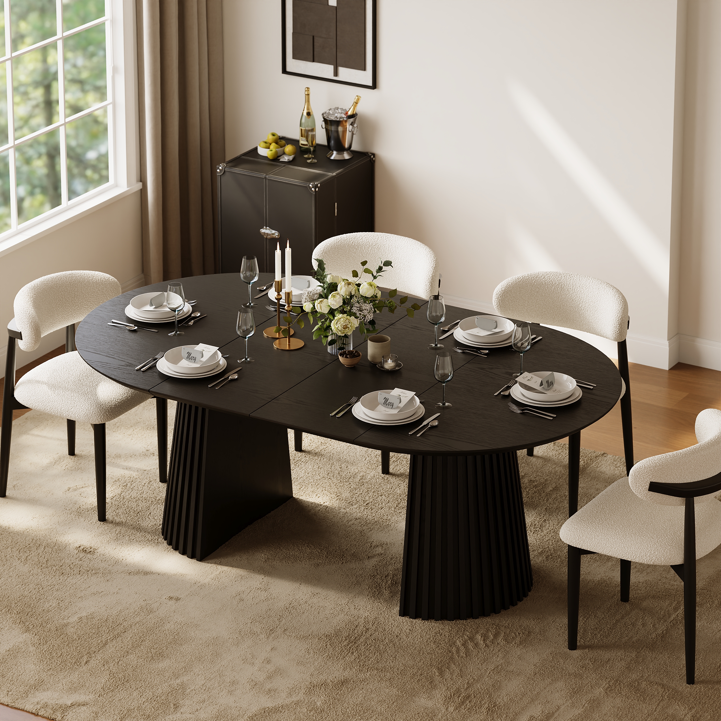119 - 200 cm Extendable Round-to-Oval Wooden Dining Table with Fluted Base, Seats 4-6