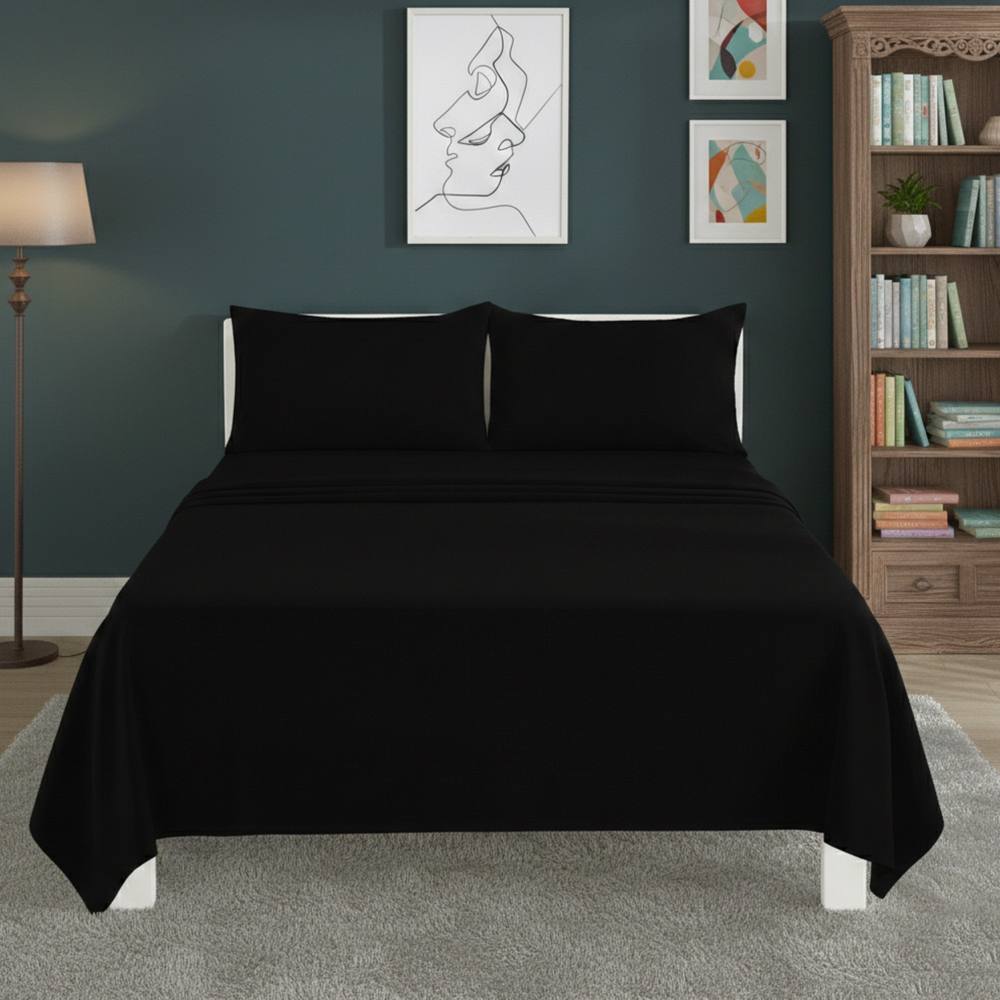 Snug City Easy Care Flat Bed Sheet Polycotton Durable Low Maintenance Bedding in Black