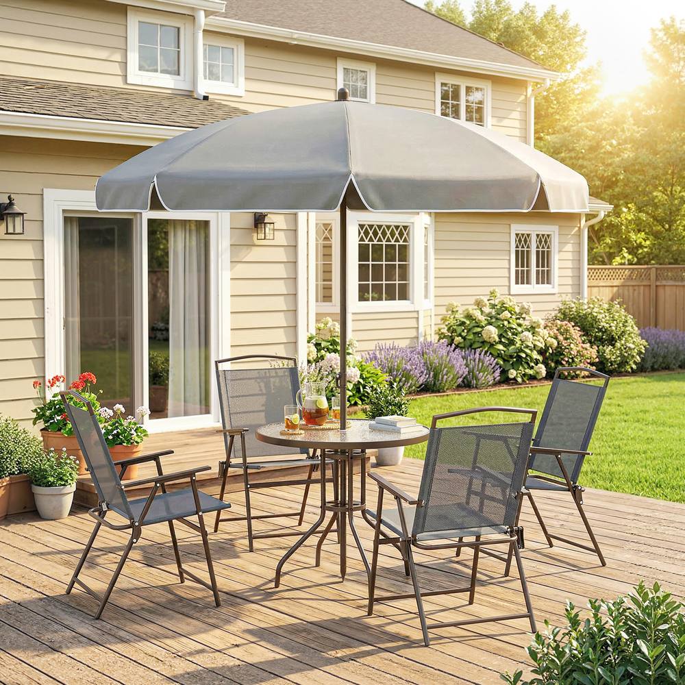 OUTSUNNY Garden Dining Set, Patio Sets with Tempered Glass Table in Dark Grey