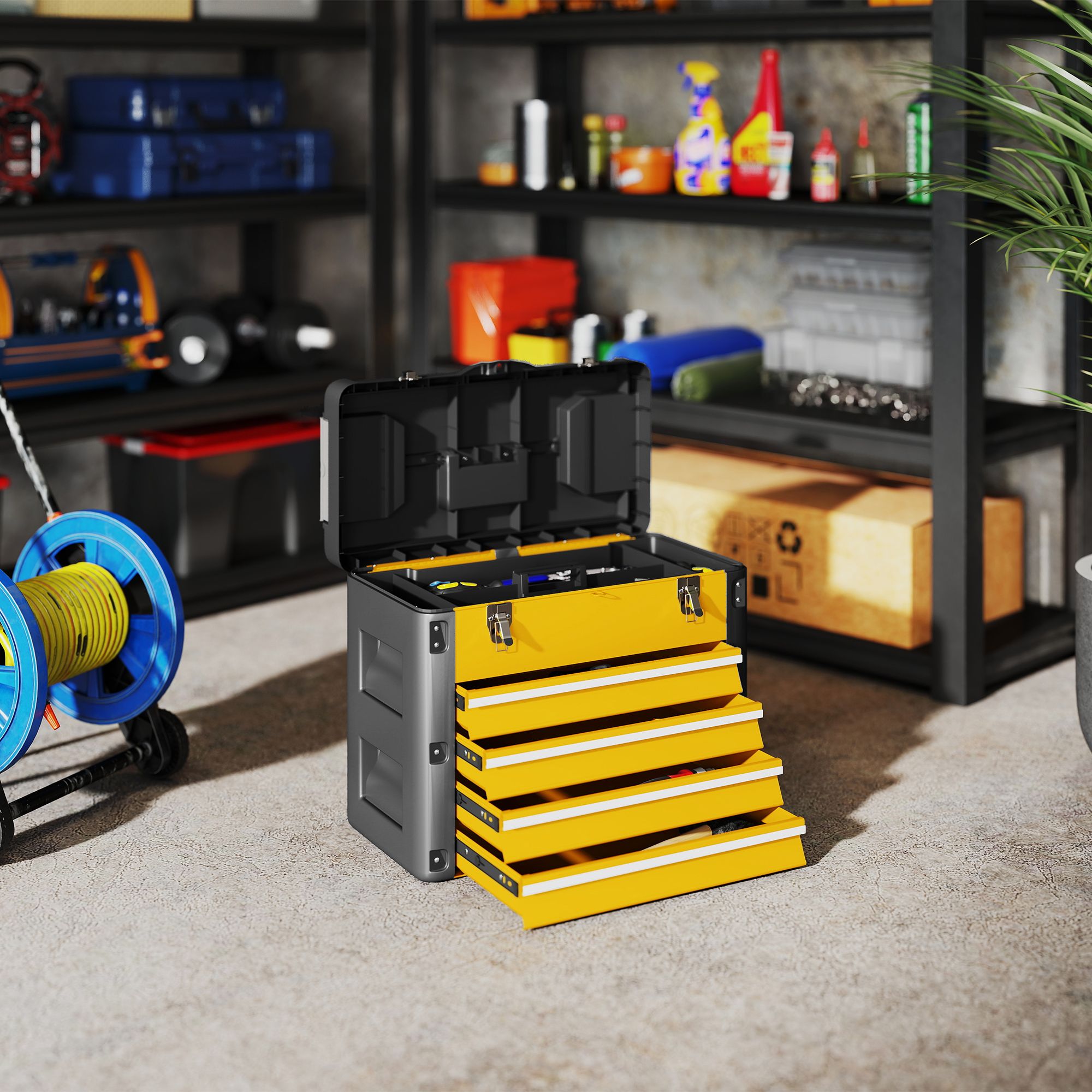 HOMCOM 4 Drawers Large Tool Box, Steel Toolbox with Handle, Yellow
