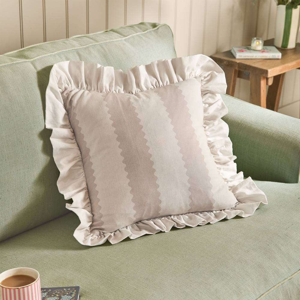 Wylder Birdie Stripe 100% Cotton Ruffle Cushion in Natural