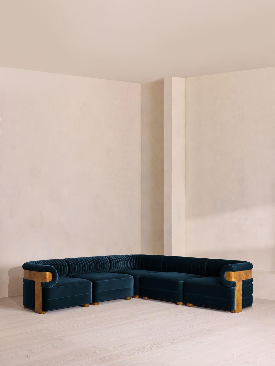 Caleb Modular Corner Sofa, Velvet, Royal Blue, Dark Burl