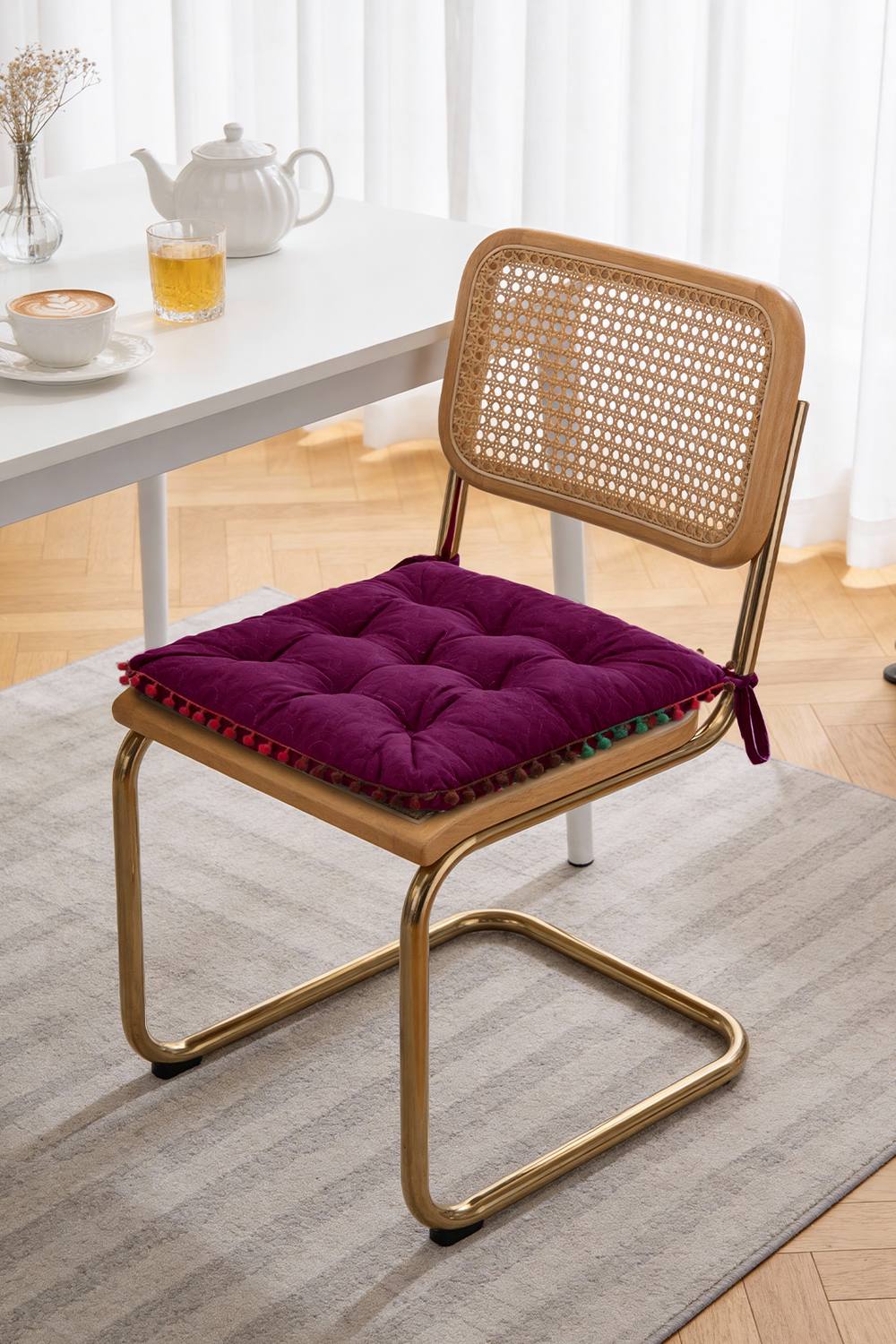 Pom Pom Trim Quilted Soft Dining Chair Cushion in Magenta