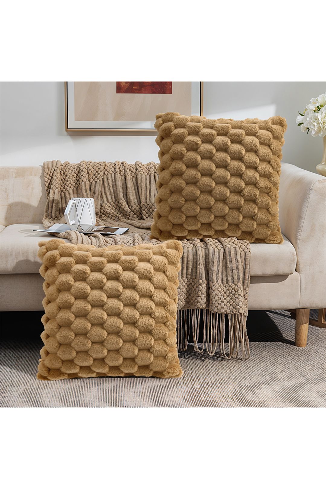 Living and Home 2Pcs Cozy Soft Plush Throw Pillow Cushion Covers in Khaki