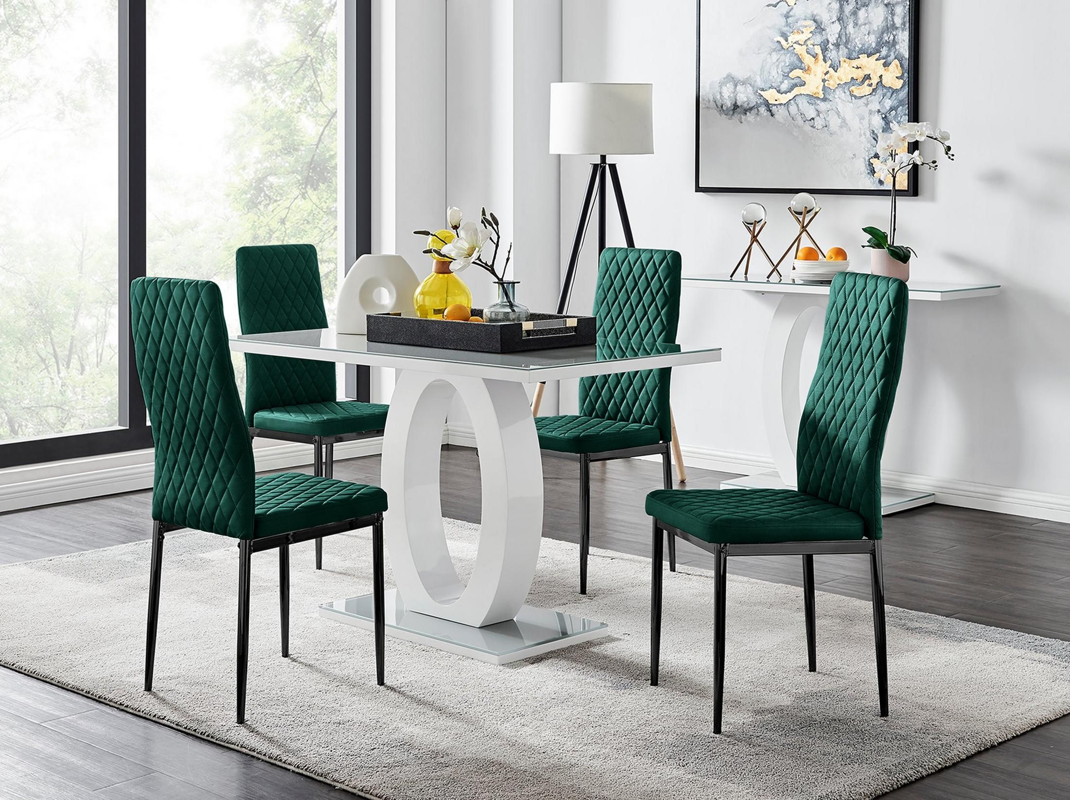 FurnitureboxUK Giovani 4 Grey Dining Table & 4 Velvet Milan Black Leg Chairs in Green