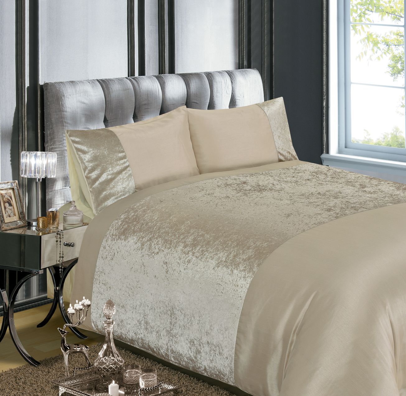 Rapport Home Velvet Plain Polyester Duvet Cover Set with Pillowcase in Natural