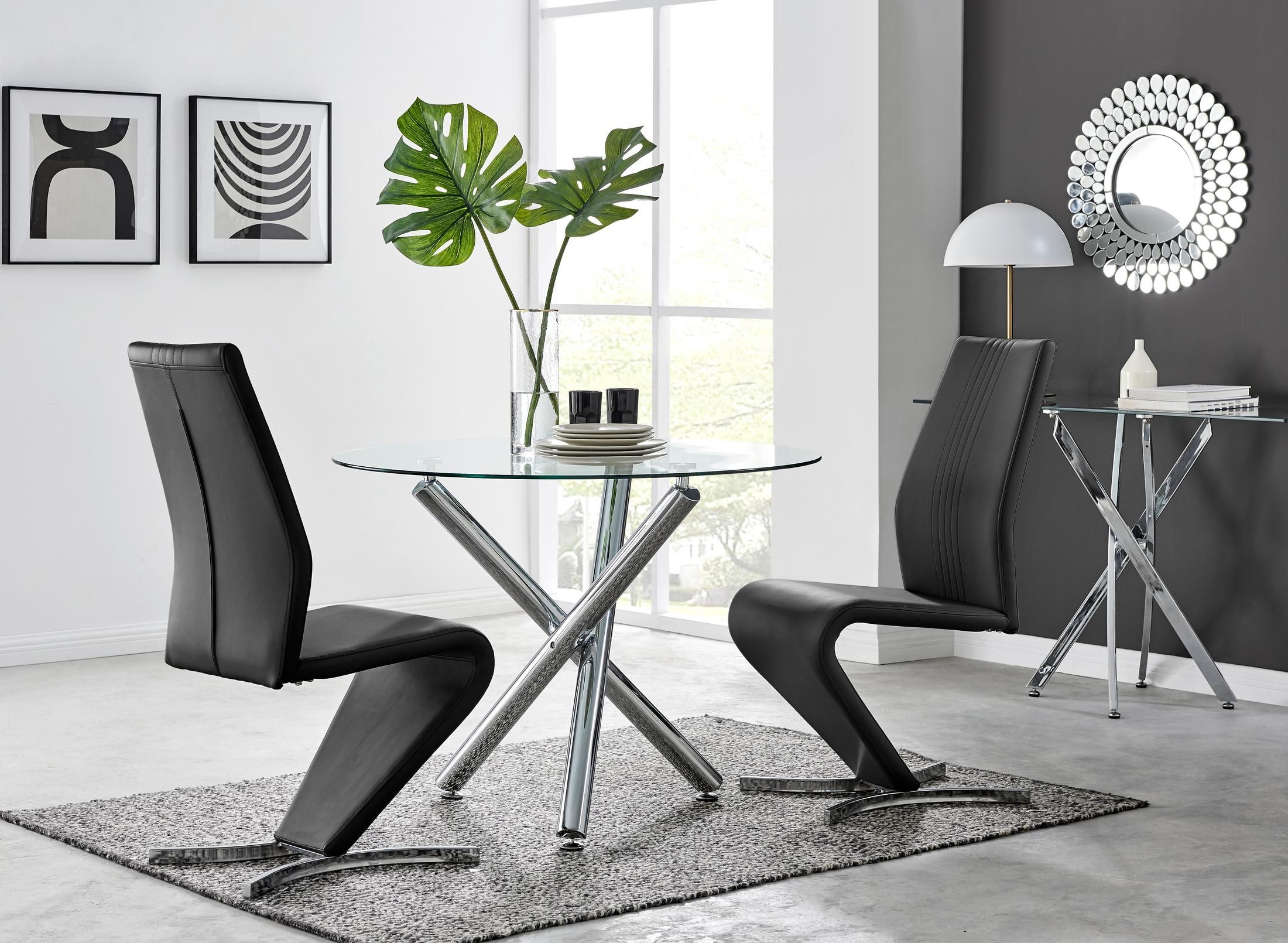 FurnitureboxUK Selina Round Glass & Chrome Metal Dining Table & Luxury Willow Chairs Set in Black