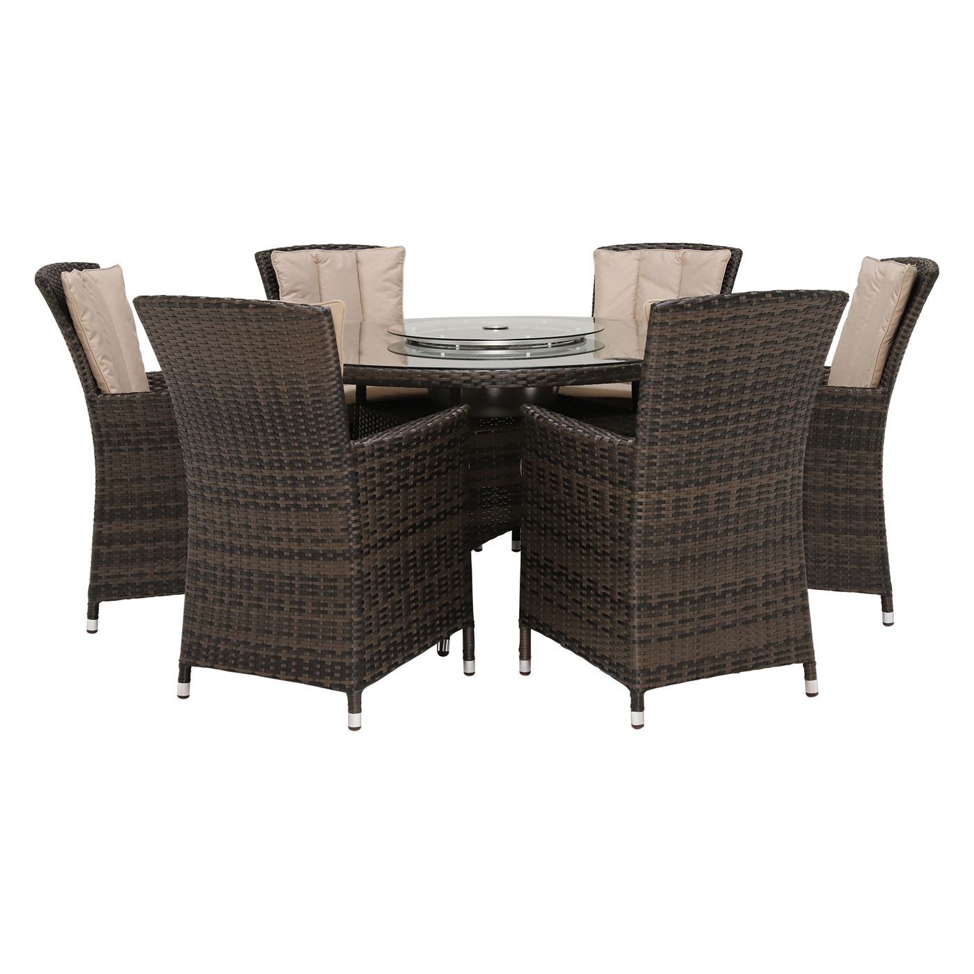Canoga Park 6 Seat Round Garden Dining Set in Brown Weave and Beige Fabric