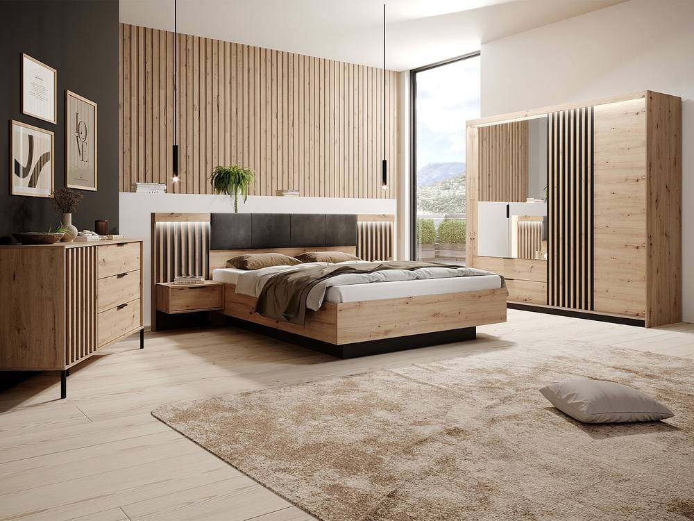 Vente-unique Bed With Bedside Tables 160 X 200 Cm - With Leds - Colours: Natural in Black