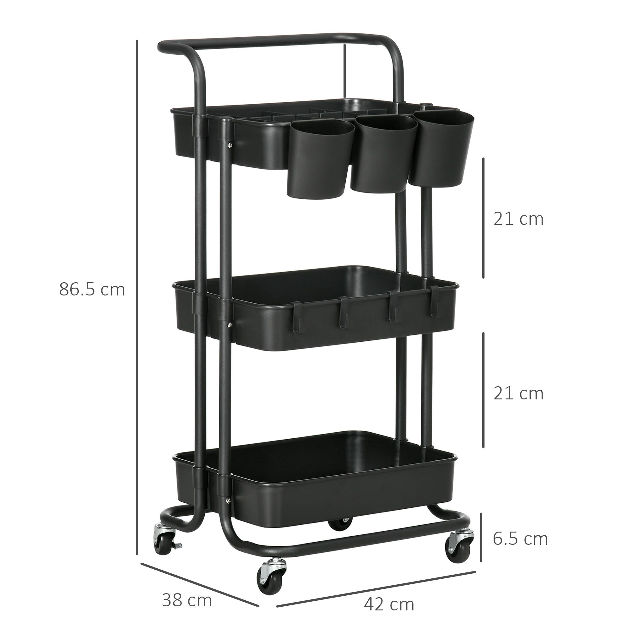 HOMCOM 3-Tier Utility Cart, Serving Trolley with Mesh Baskets Removable in Black 3