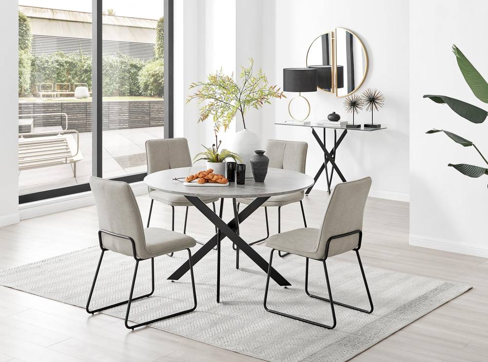FurnitureboxUK Novara Grey Concrete Effect Black Leg 120cm Round Dining Table & 4 Halley Chairs in Beige