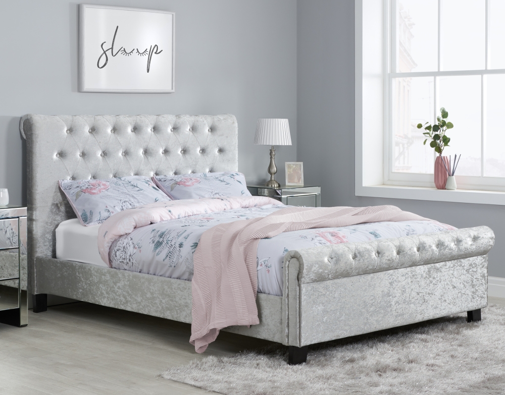 Sienna Steel Crushed Velvet Fabric Bed Frame Only - 4ft Small Double