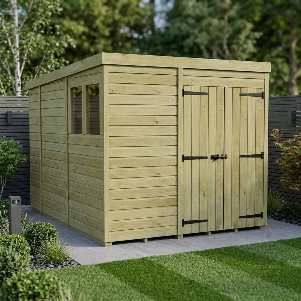 Buttercup Farm 7ft x 10ft Pent Garden Shed Double Door With Windows - Timber in Brown 2
