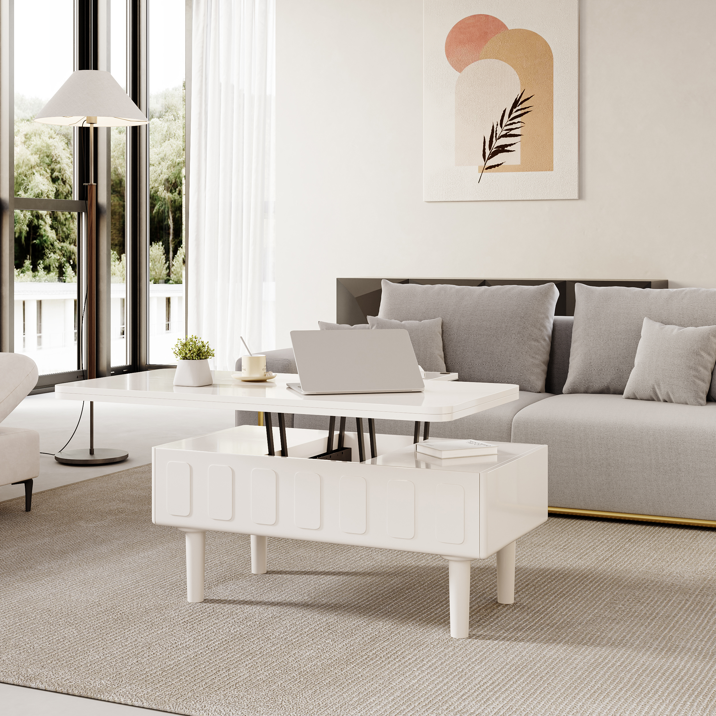 Modern White Lift Top Coffee Table Extendable with Storage