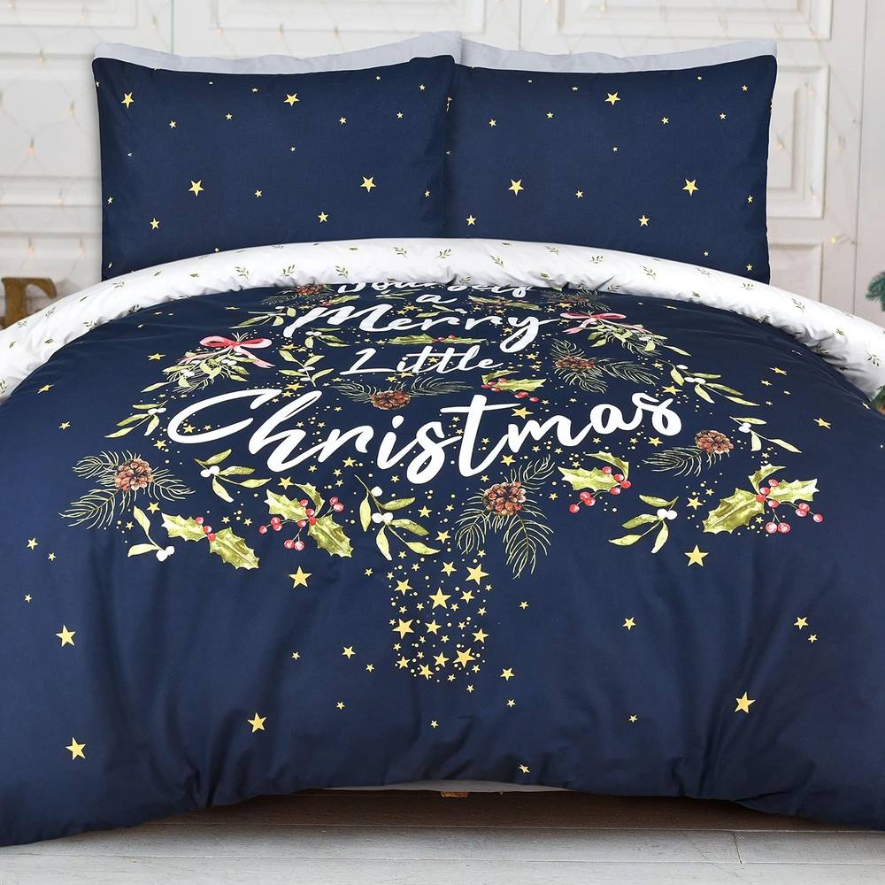 Smart Living Printed Little Christmas HollyTree Reversible Duvet Cover & Pillowcase in Navy