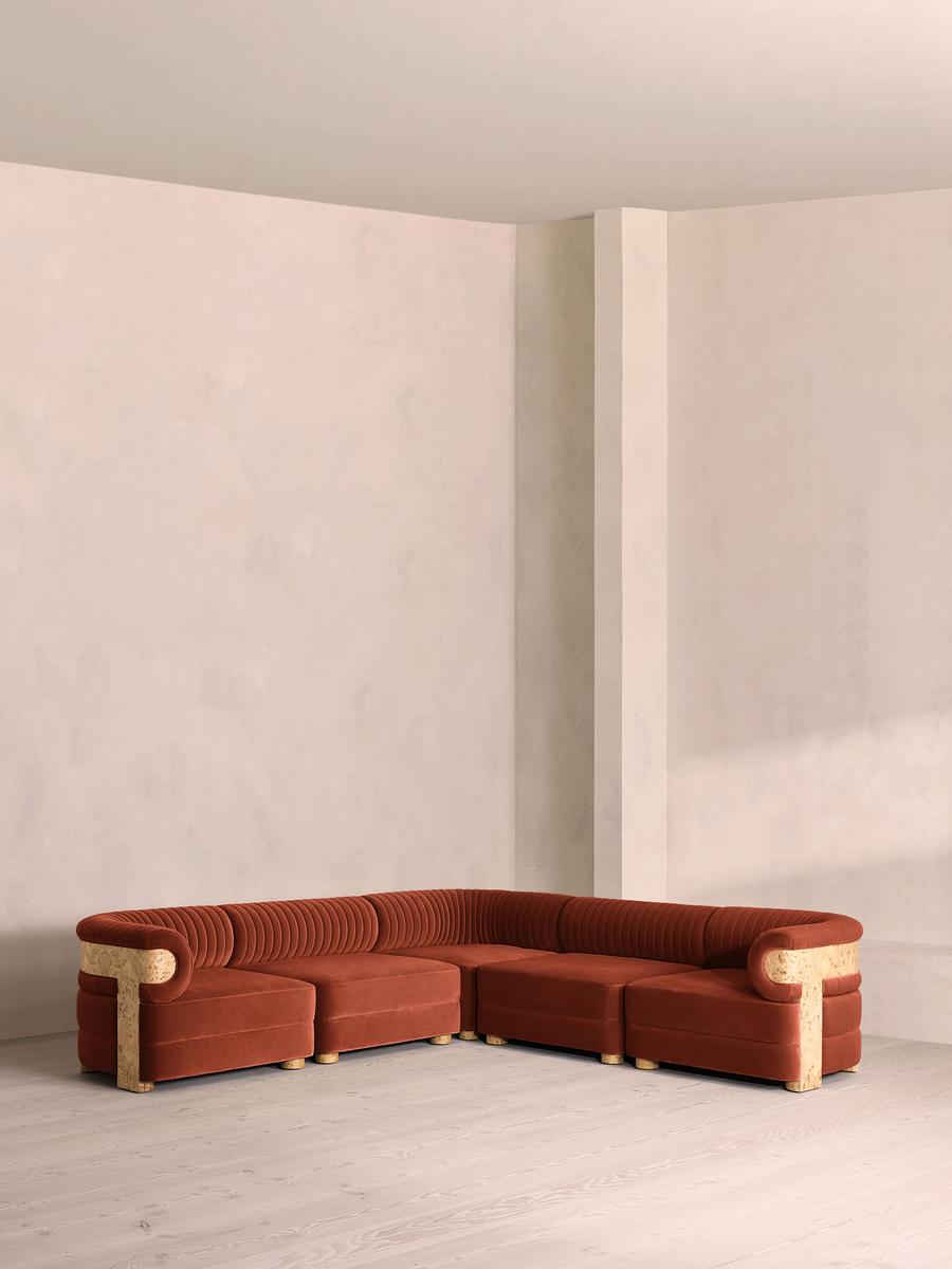 Caleb Modular Corner Sofa, Velvet, Rust, Blonde Burl