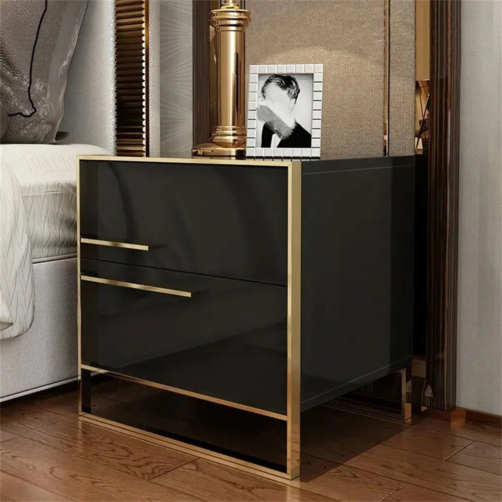 Cylina Modern 2 Drawers Black Lacquer Bedside Table Square Bedside Table in Gold, Left